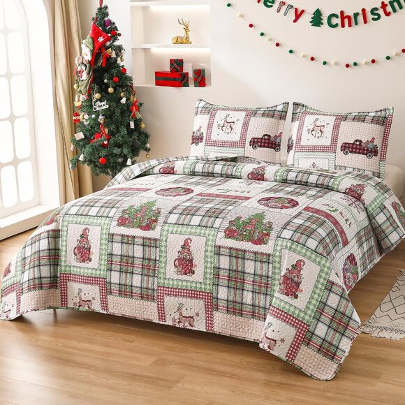Christmas Bedding Set Christmas Quilt Bedspread Xmas Coverlet, Red Green Plaid - Picture 2 of 7